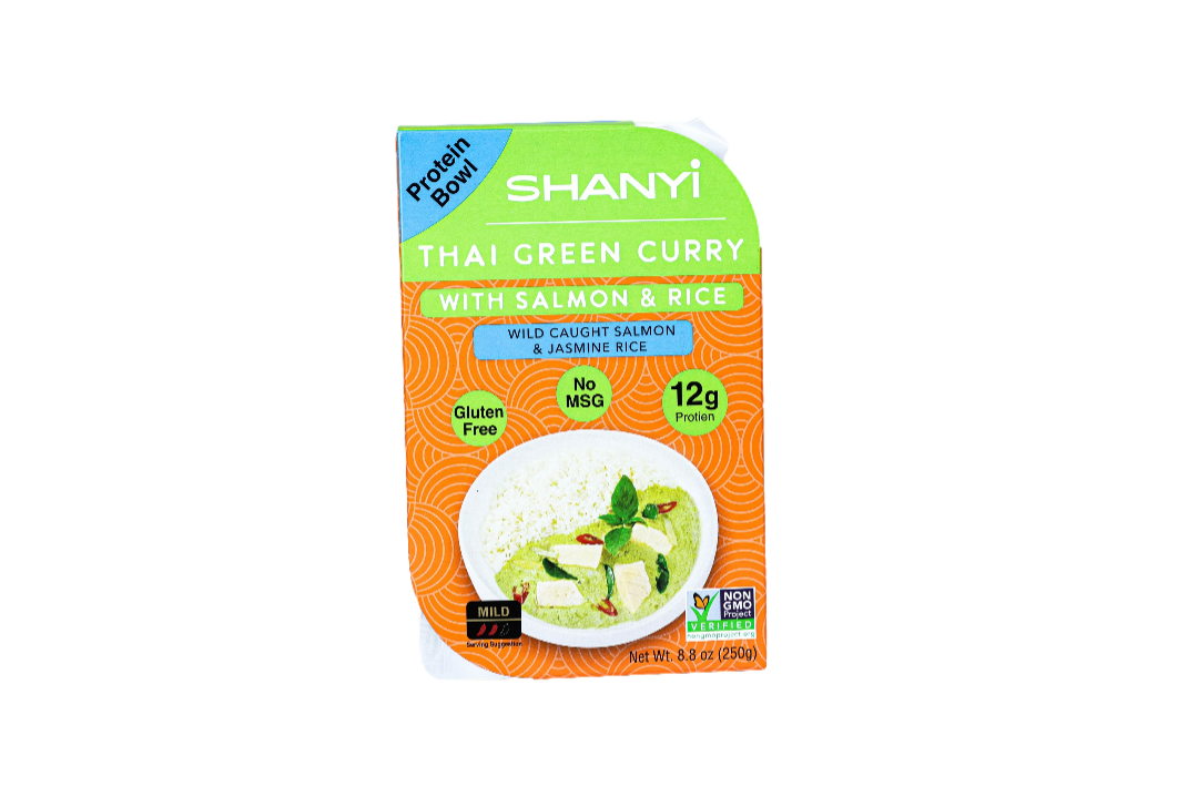 ShanYi Instant Microwave Meals Ready to Eat, 250g/8.8oz, Thai Green Curry With Salmon and Jasmine Rice, Case of 6