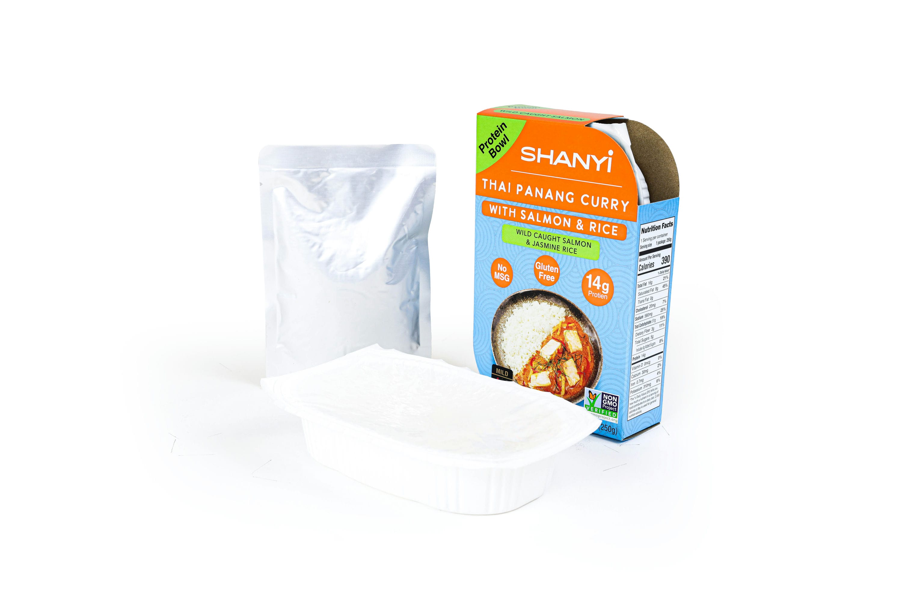 ShanYi Instant Microwave Meals Ready to Eat, 250g/8.8oz, Thai Panang Curry with Salmon and Jasmine Rice, Case of 6