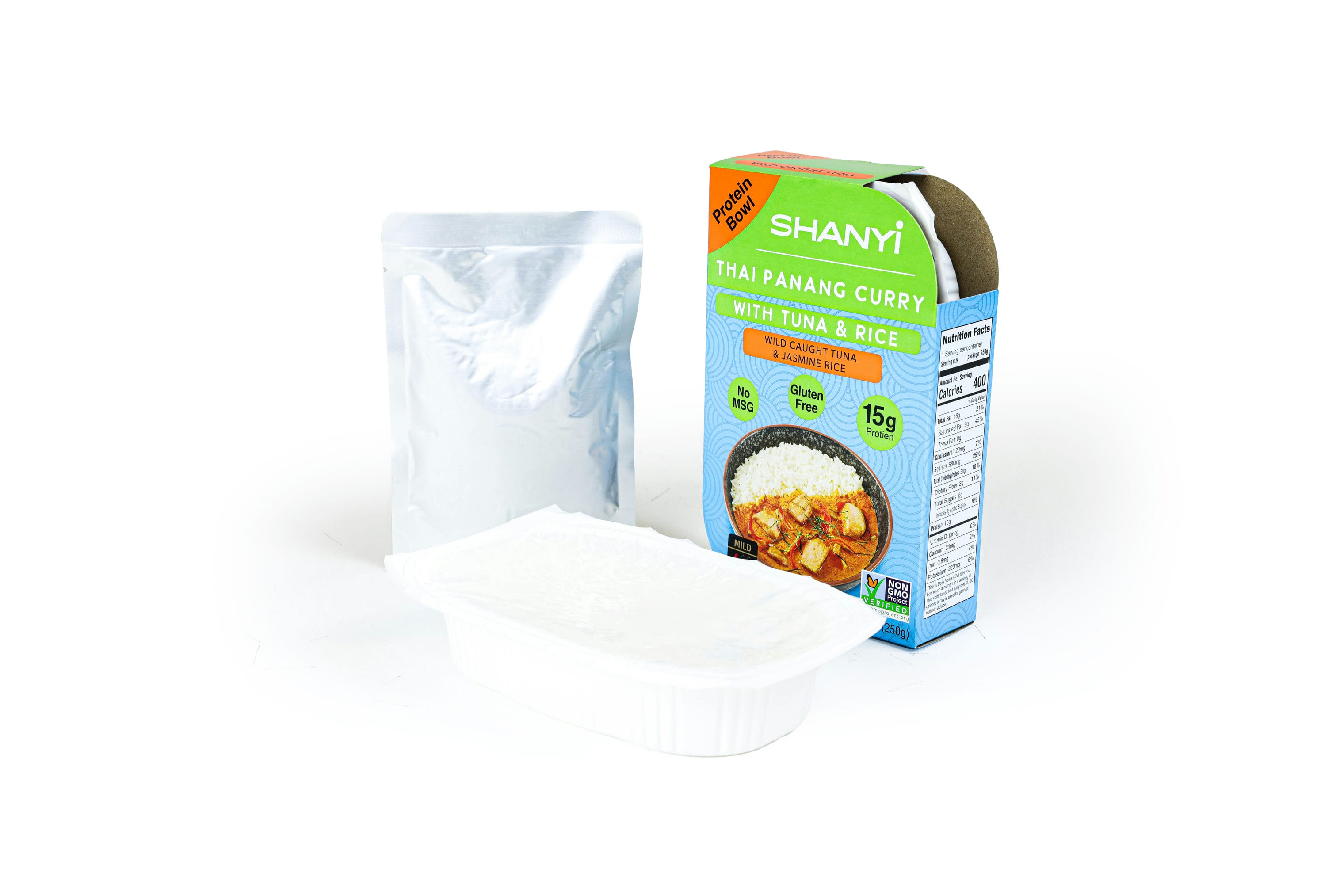 ShanYi Instant Microwave Meals Ready to Eat, 250g/8.8oz, Thai Panang Curry with Tuna and Jasmine Rice, Case of 6