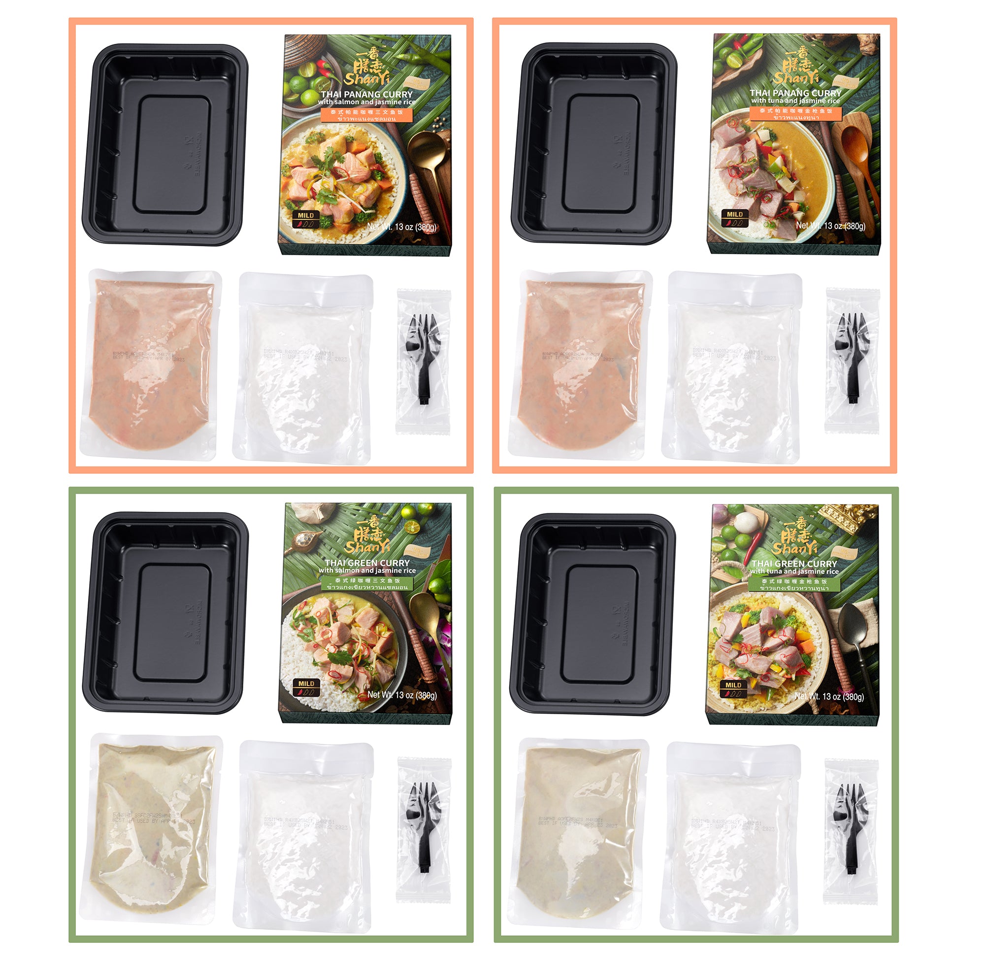 ShanYi Instant Microwave Meals Ready to Eat, 380g/13oz, Thai Panang/Green Curry with Salmon/Tuna and Jasmine Rice, Prepared Foods, 4-in-1 Mixed flavors, 4 Pack