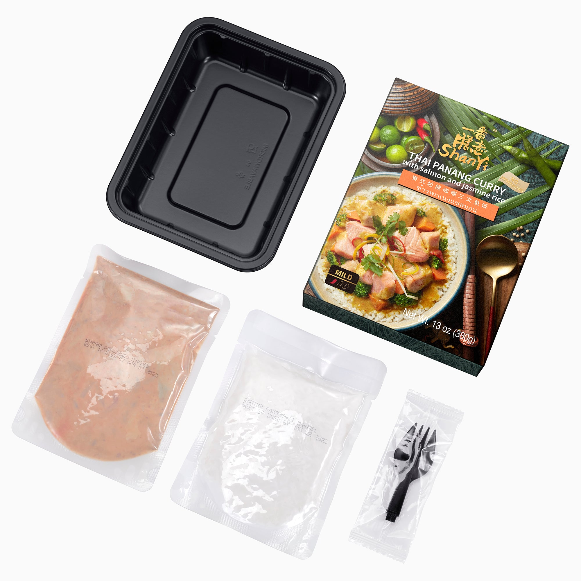 ShanYi Instant Microwave Meals Ready to Eat, 380g/13oz, Thai Panang Curry with Tuna and Jasmine Rice, Prepared Foods, Case of 6
