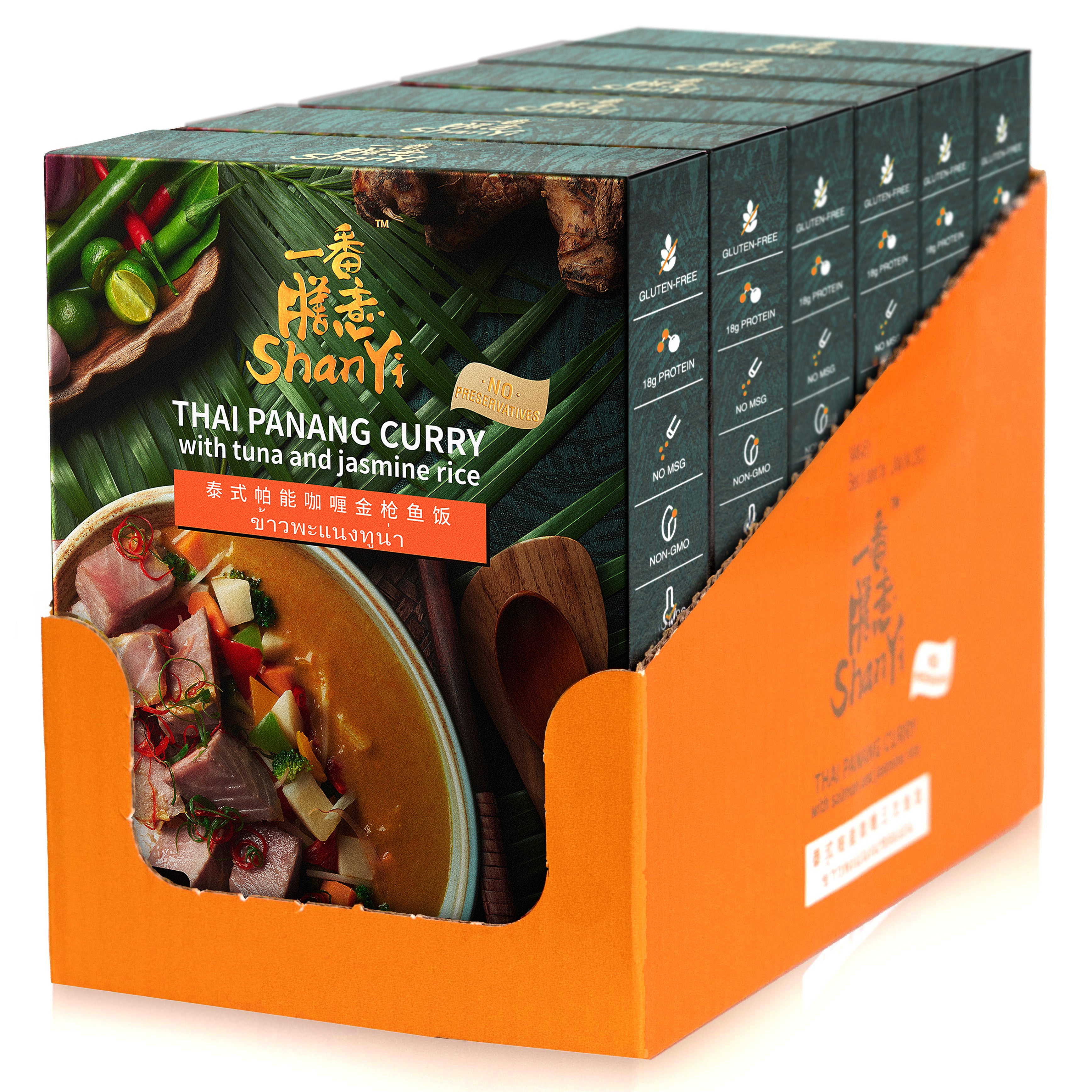 ShanYi Instant Microwave Meals Ready to Eat, 380g/13oz, Thai Panang Curry with Tuna and Jasmine Rice, Prepared Foods, Case of 6